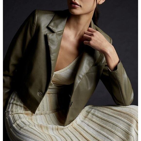 Anthropologie Avec Les Filles Cropped Faux Leather Jacket Moss Green Size Large - Picture 1 of 7